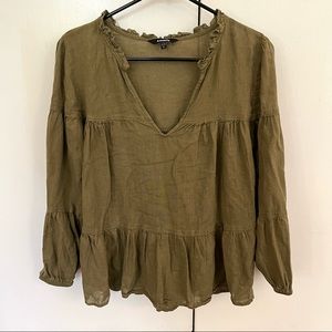 Express Olive Green Linen V-Neck Blouse